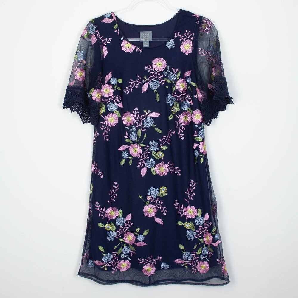 Rabbit Rabbit Rabbit Womens Floral Embroidered A Line Dress Size 8 Sheer Sleeves
